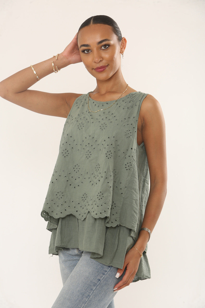 BRODERIE ANGLAISE MOUWLOZE TOP MET VOLANTS - KAKI