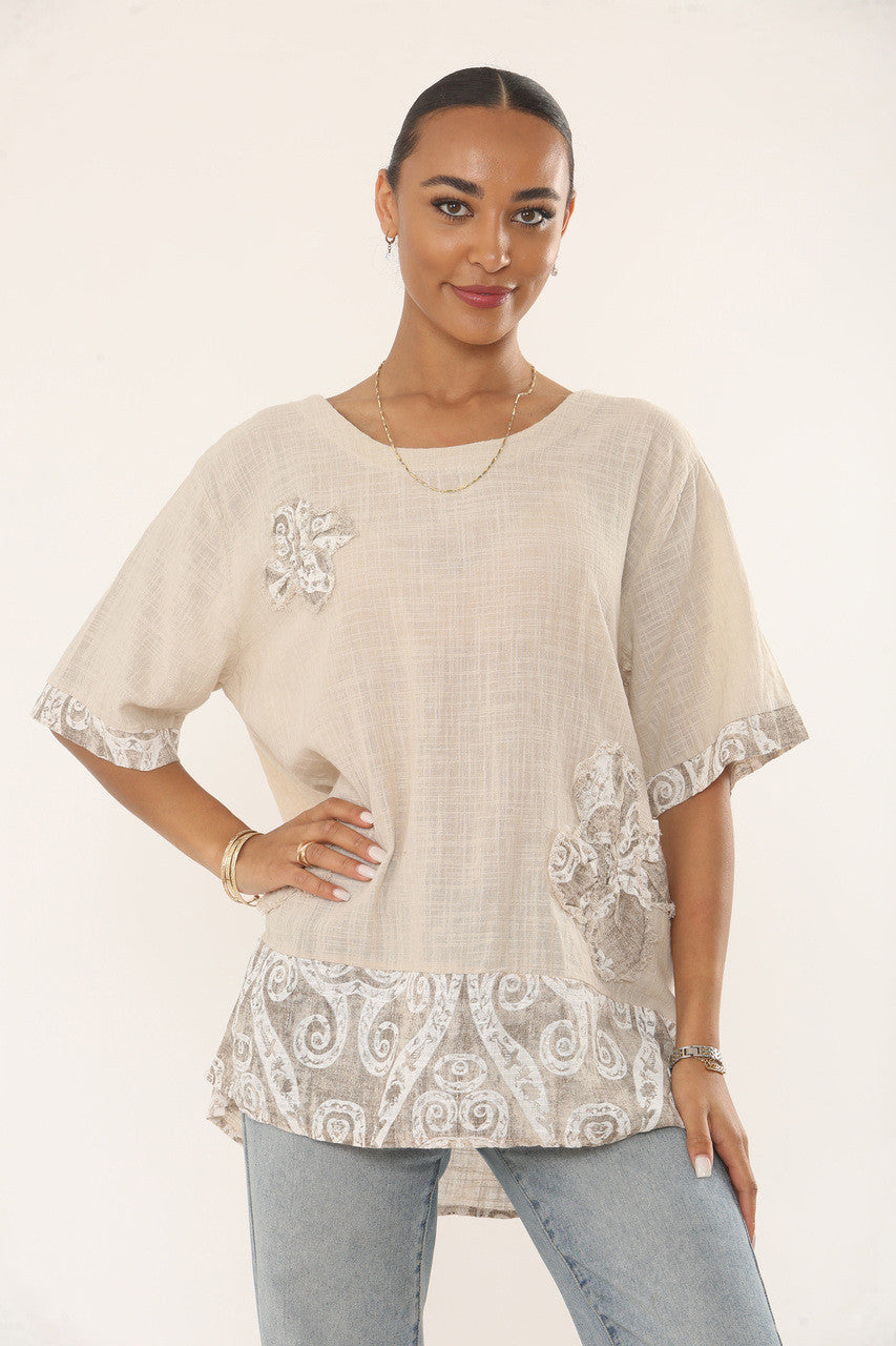 SWIRLS PRINT PATCHWORK TOP - STONE