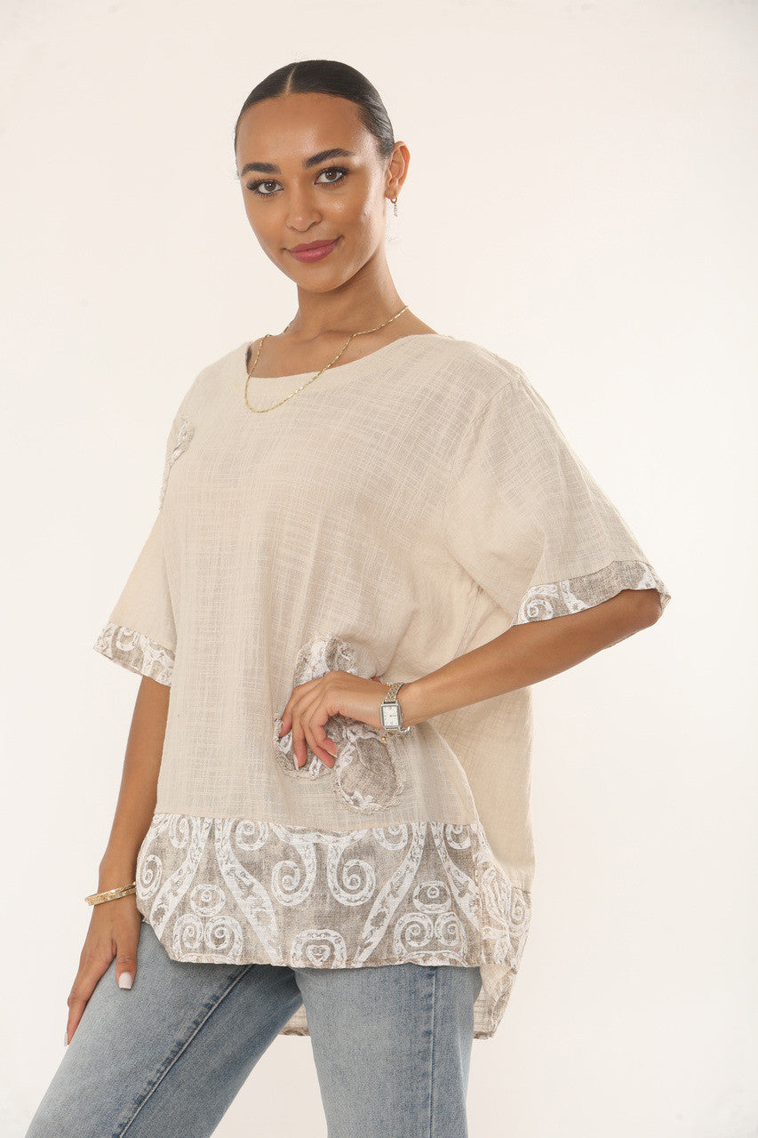 SWIRLS PRINT PATCHWORK TOP - STONE