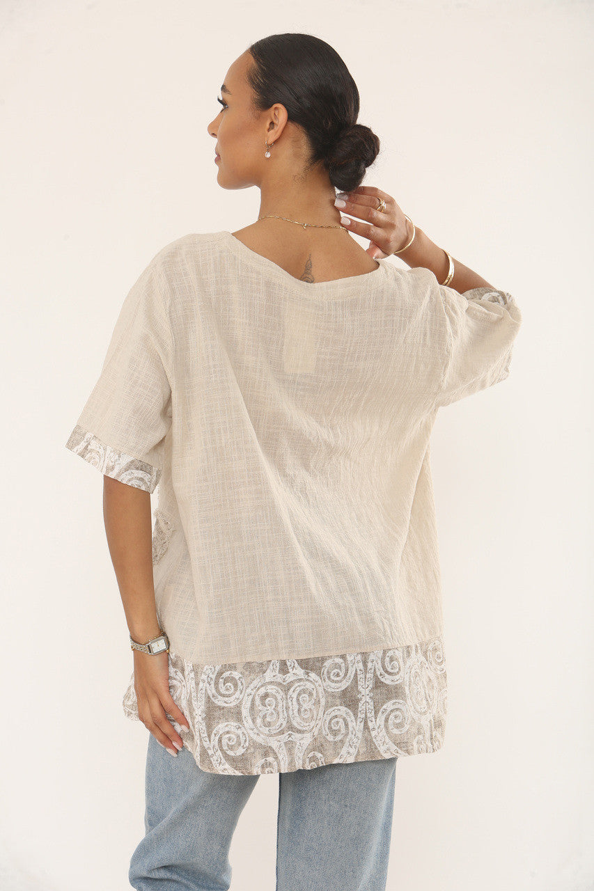 SWIRLS PRINT PATCHWORK TOP - STONE