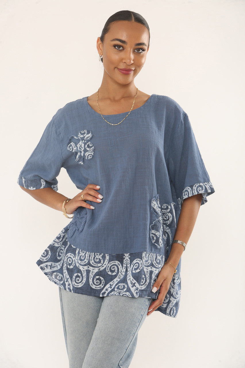 SWIRLS PRINT PATCHWORK TOP - DENIM