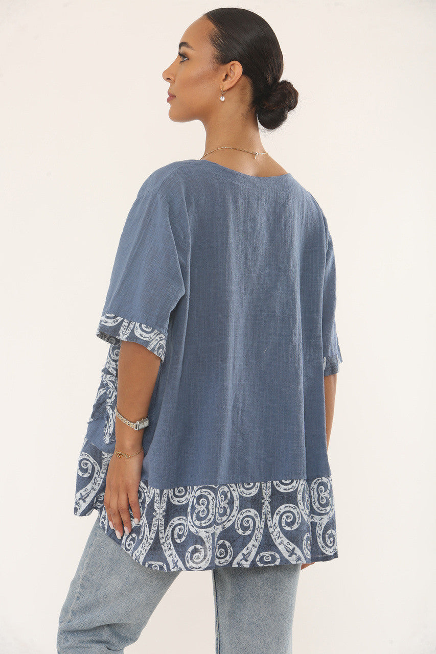 SWIRLS PRINT PATCHWORK TOP - DENIM