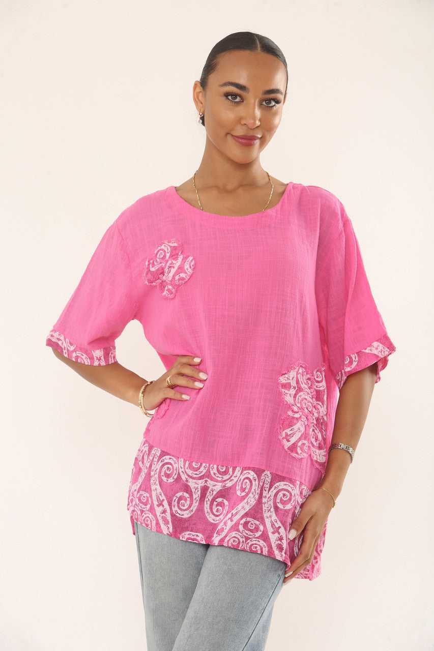 SWIRLS PRINT PATCHWORK TOP - CERISE