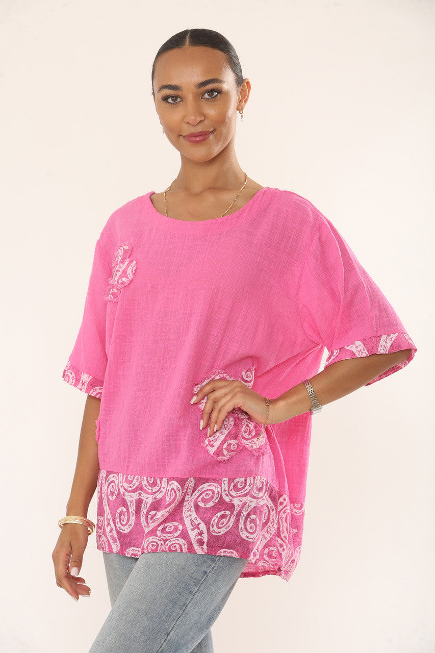 SWIRLS PRINT PATCHWORK TOP - CERISE