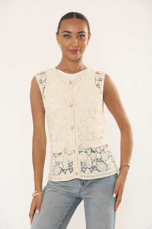 CROCHET BUTTON FRONT SLEEVELESS TOP - STONE
