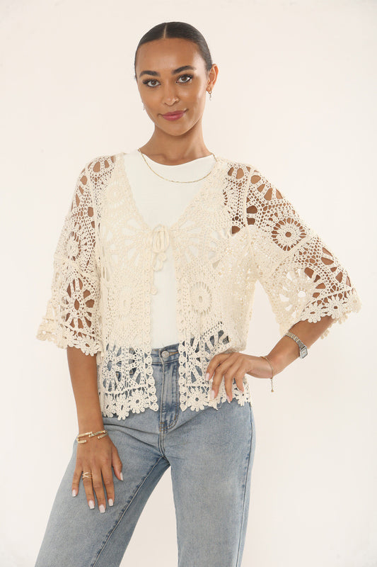 FLORAL & SUNBURST MOTIF CROCHET CARDIGAN TOP - CREAM