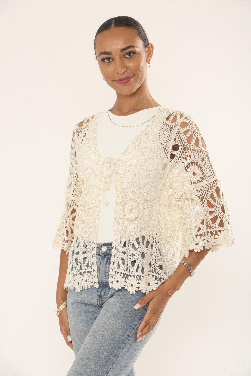 FLORAL & ZONNESTRAALMOTIEF GEHAAKTE VEST TOP - CRÈME