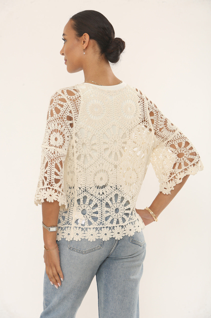 FLORAL & ZONNESTRAALMOTIEF GEHAAKTE VEST TOP - CRÈME