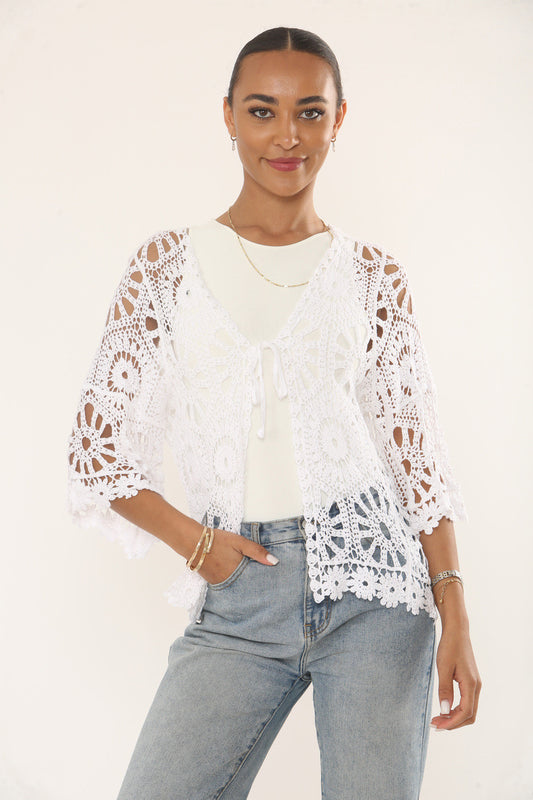 FLORAL & SUNBURST MOTIF CROCHET CARDIGAN TOP - WHITE