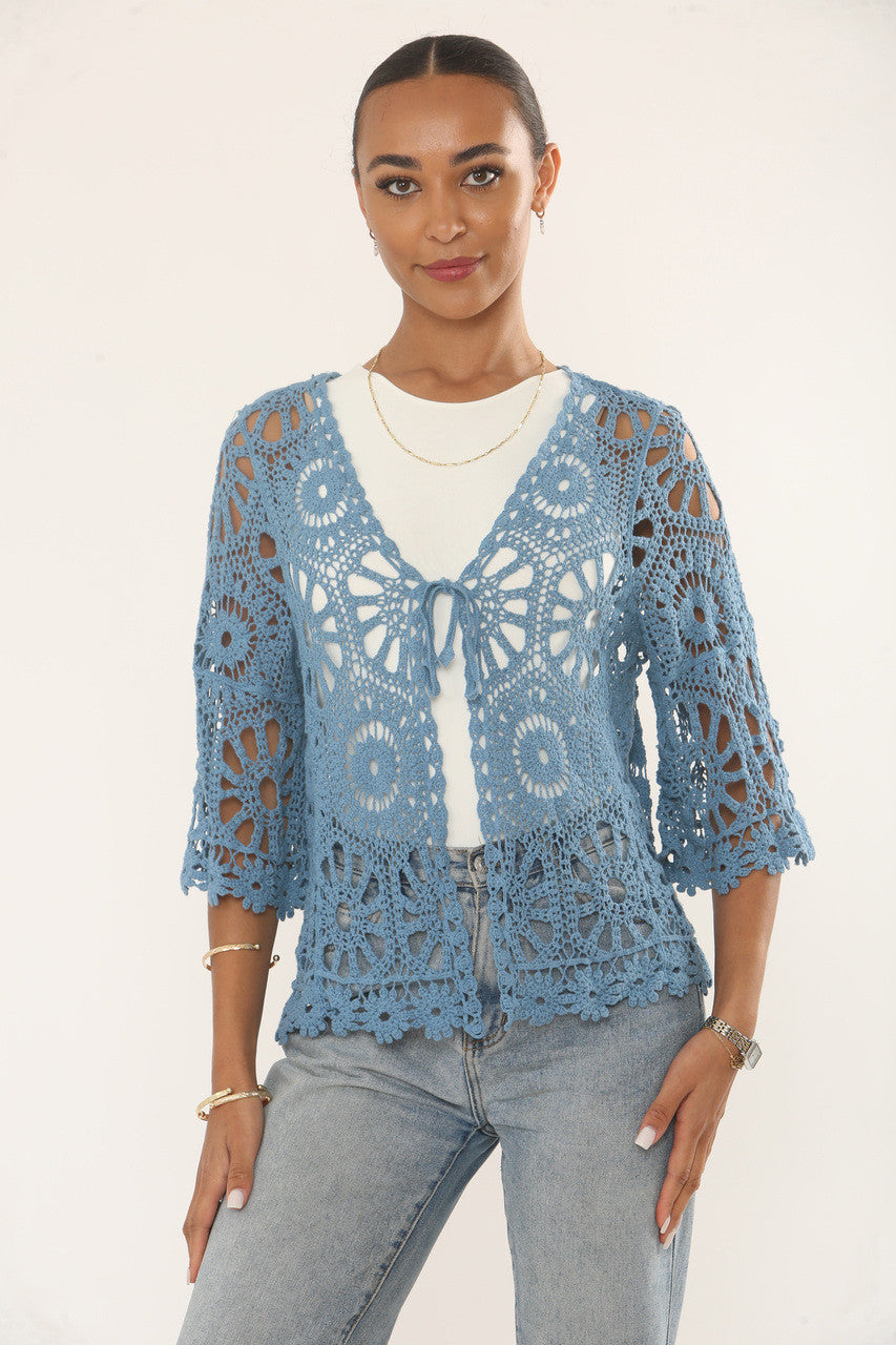 FLORAL & SUNBURST MOTIF CROCHET CARDIGAN TOP - DUSTY BLUE