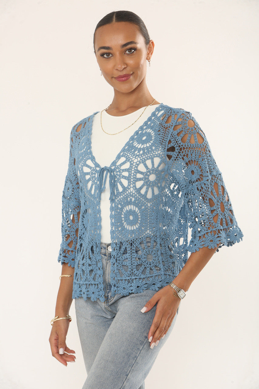 FLORAL & SUNBURST MOTIF CROCHET CARDIGAN TOP - DUSTY BLUE