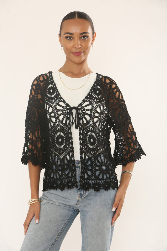 FLORAL & SUNBURST MOTIF CROCHET CARDIGAN TOP - BLACK