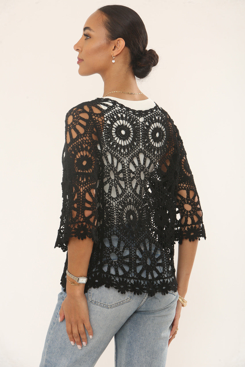 FLORAL & SUNBURST MOTIF CROCHET CARDIGAN TOP - BLACK