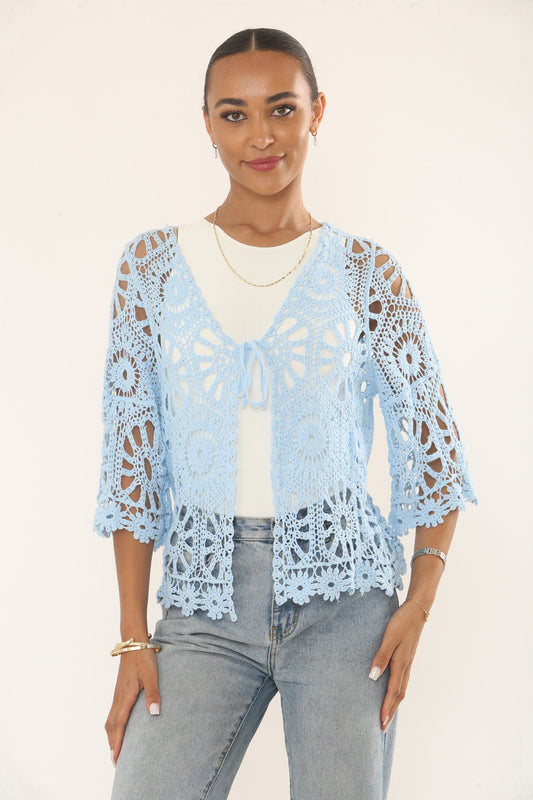 FLORAL & SUNBURST MOTIF CROCHET CARDIGAN TOP - LIGHT BLUE