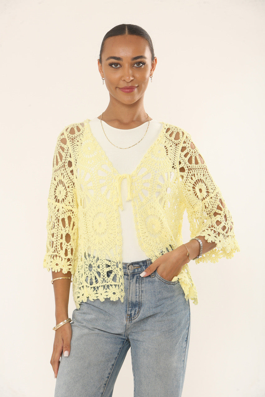 FLORAL & SUNBURST MOTIF CROCHET CARDIGAN TOP - LEMON