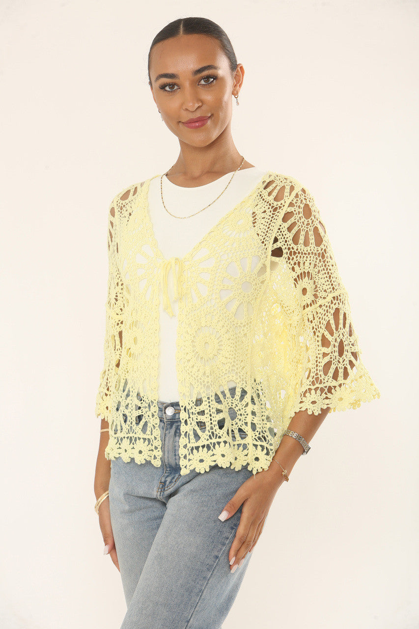 FLORAL & SUNBURST MOTIF CROCHET CARDIGAN TOP - LEMON