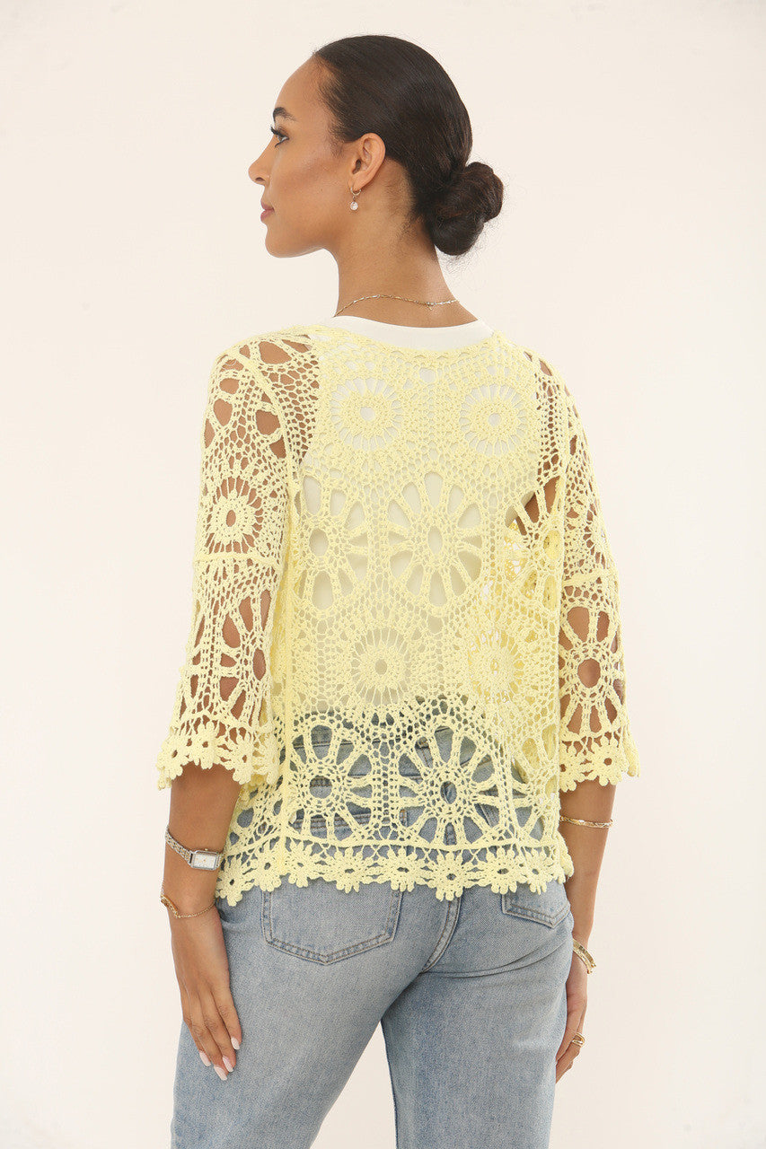 FLORAL & SUNBURST MOTIF CROCHET CARDIGAN TOP - LEMON