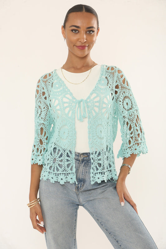 FLORAL & SUNBURST MOTIF CROCHET CARDIGAN TOP - MINT GREEN