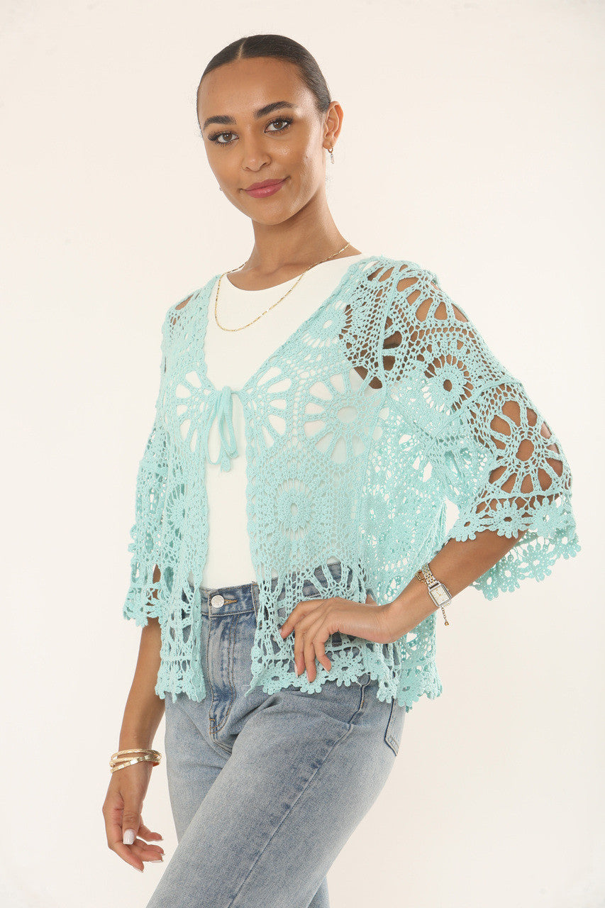 FLORAL & SUNBURST MOTIF CROCHET CARDIGAN TOP - MINT GREEN