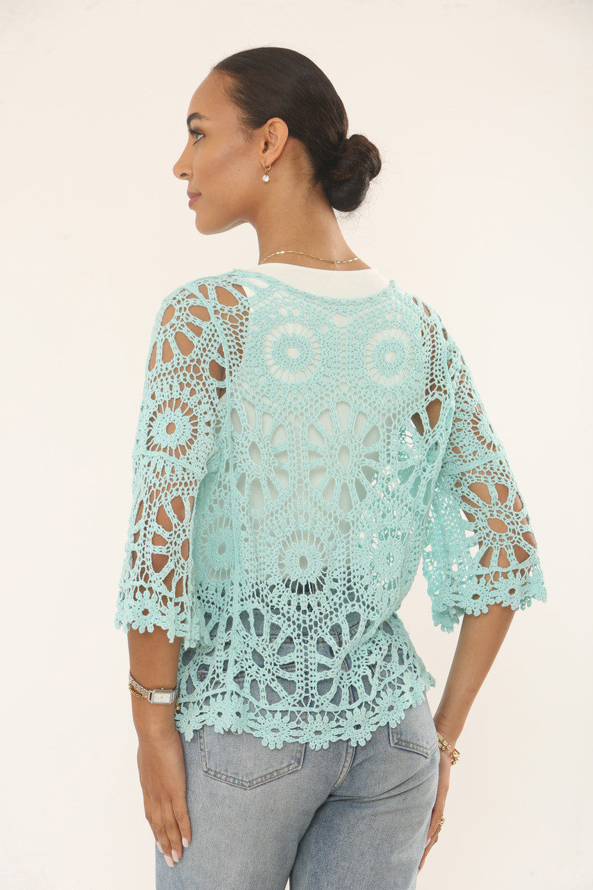 FLORAL & SUNBURST MOTIF CROCHET CARDIGAN TOP - MINT GREEN