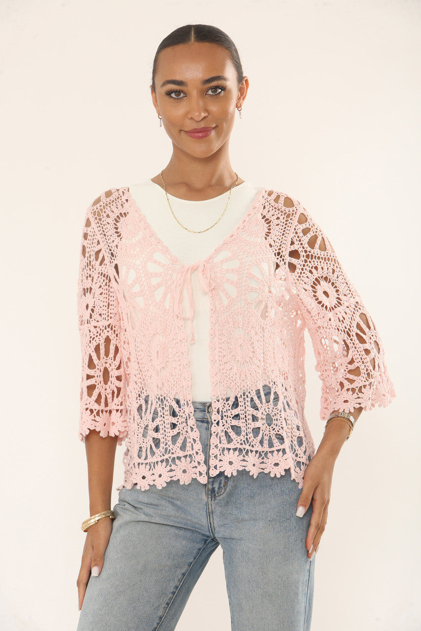 GEHAAKT VESTJE MET BLOEMEN- & ZONNESTRAALMOTIEF - DUSTY ROZE