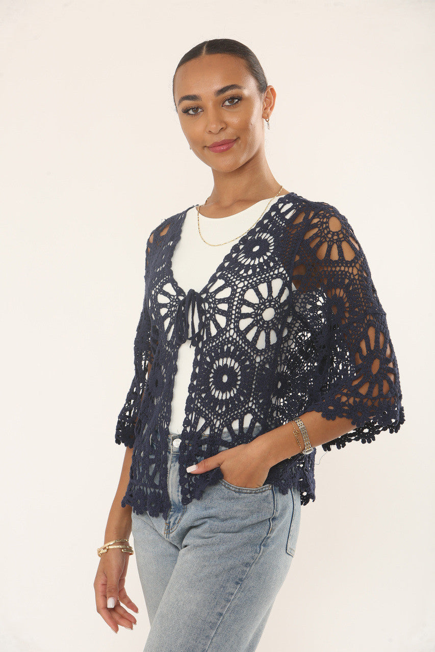 FLORAL & SUNBURST MOTIF CROCHET CARDIGAN TOP - NAVY