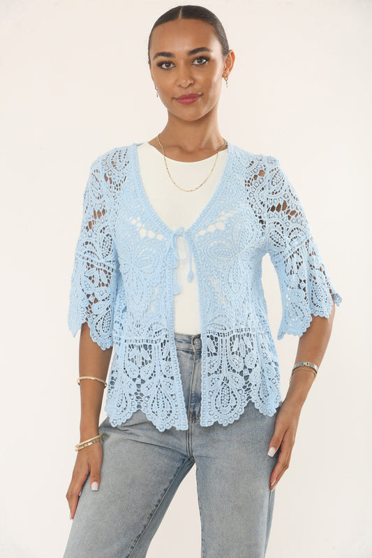 LEAF MOTIF CROCHET CARDIGAN TOP - LIGHT BLUE
