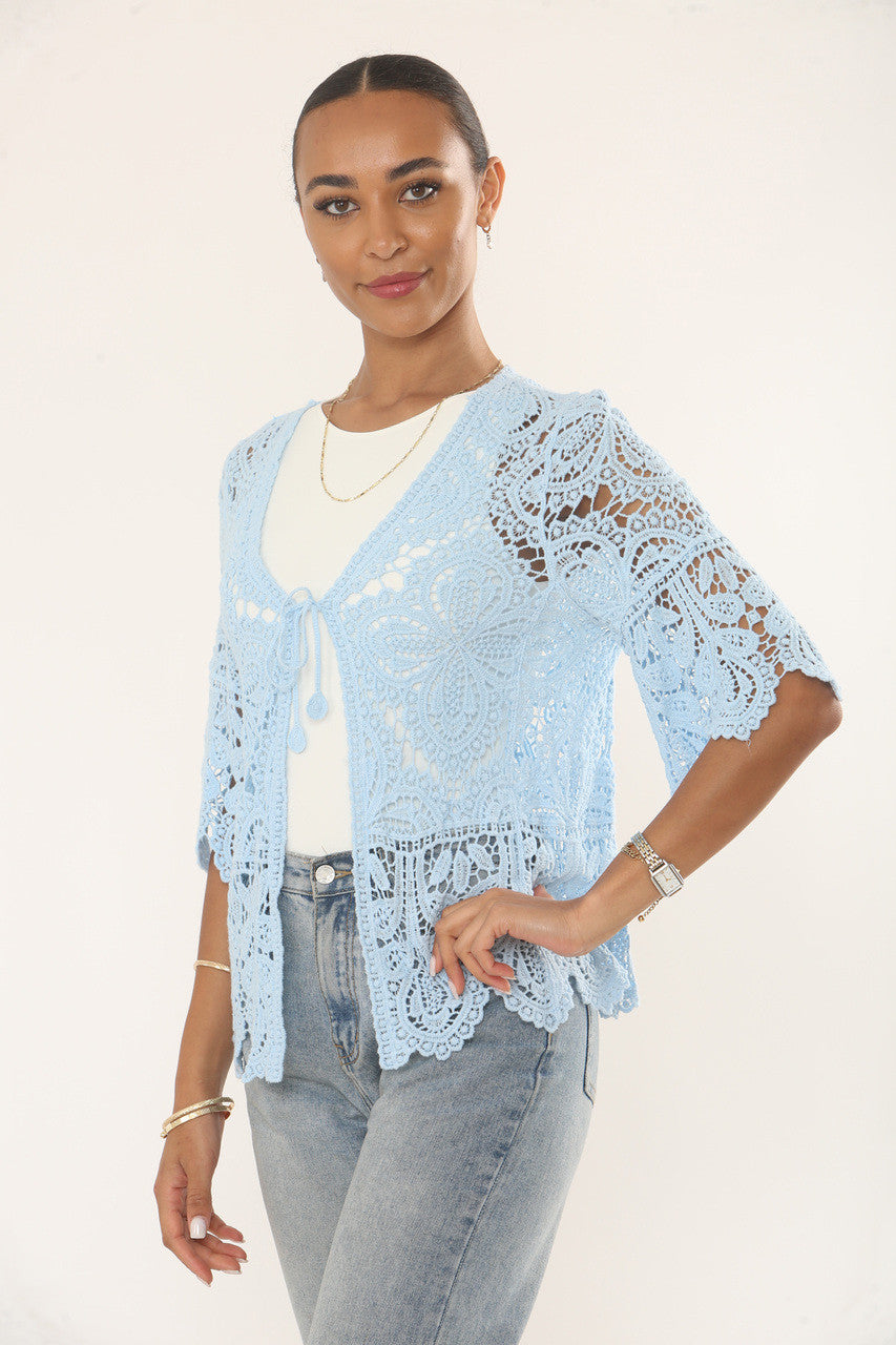 LEAF MOTIF CROCHET CARDIGAN TOP - LIGHT BLUE