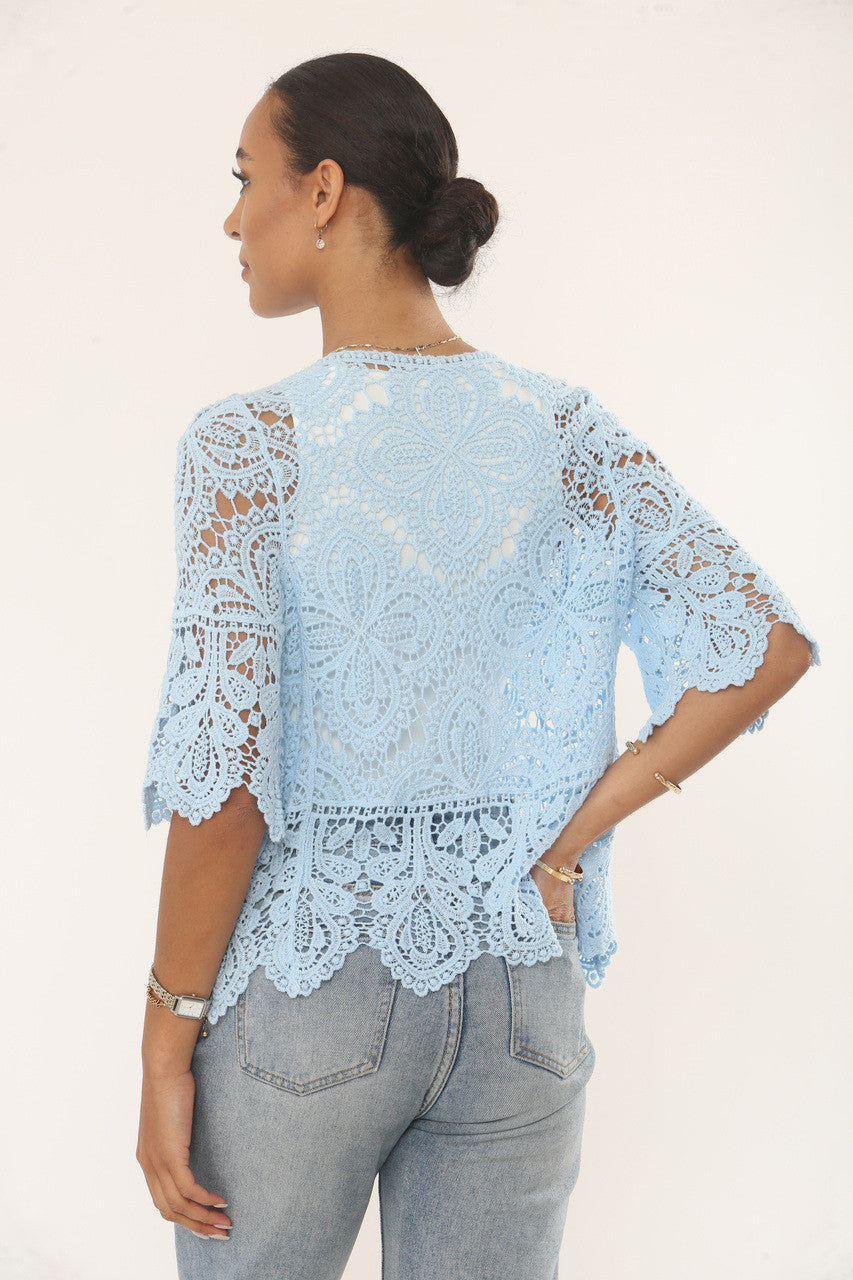 LEAF MOTIF CROCHET CARDIGAN TOP - LIGHT BLUE