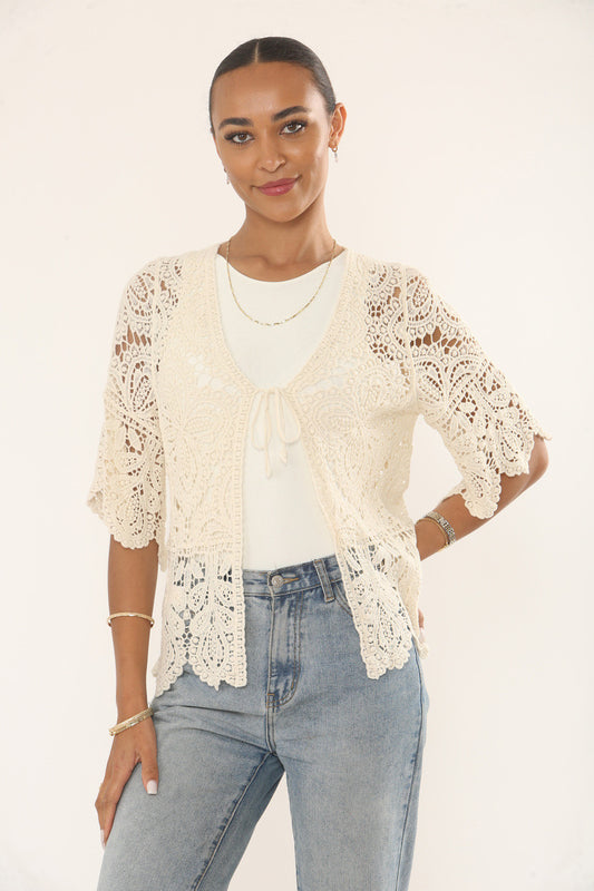 LEAF MOTIF CROCHET CARDIGAN TOP - CREAM