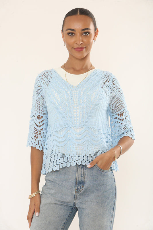 CROCHET TOP WITH SCALLOPED HEM & SLEEVES - LIGHT BLUE