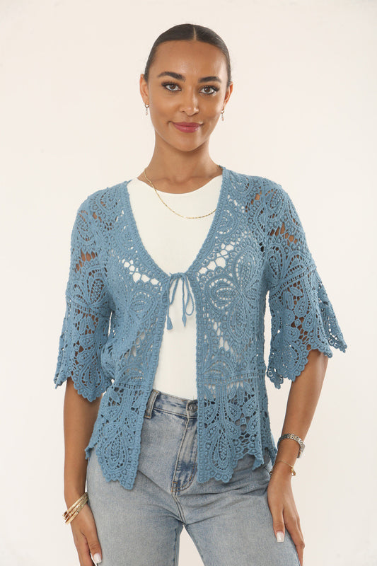 LEAF MOTIF CROCHET CARDIGAN TOP - DUSTY DENIM