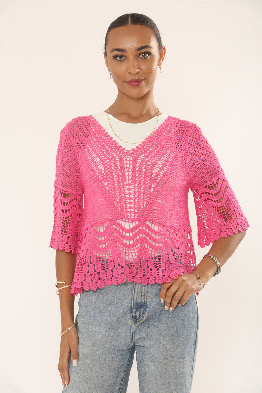 CROCHET TOP WITH SCALLOPED HEM & SLEEVES - HOT PINK