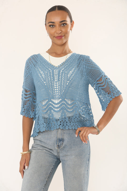 CROCHET TOP WITH SCALLOPED HEM & SLEEVES - DUSTY BLUE