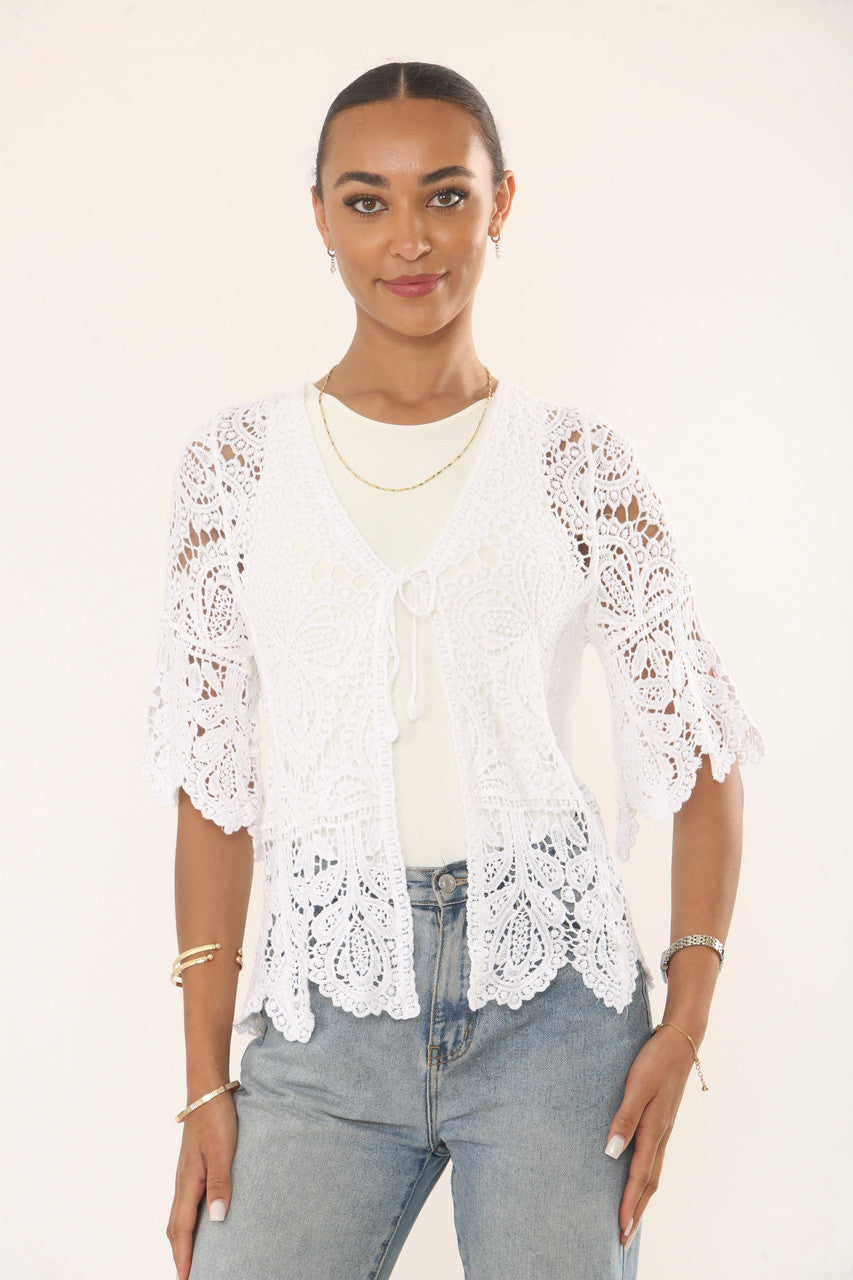 LEAF MOTIF CROCHET CARDIGAN TOP - WHITE