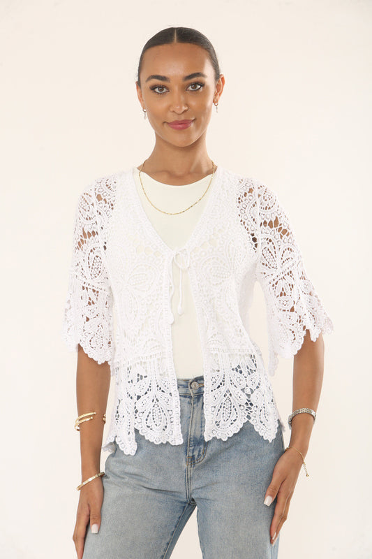 LEAF MOTIF CROCHET CARDIGAN TOP - WHITE