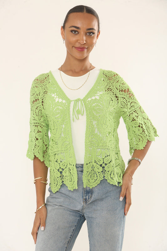 LEAF MOTIF CROCHET CARDIGAN TOP - LIME GREEN
