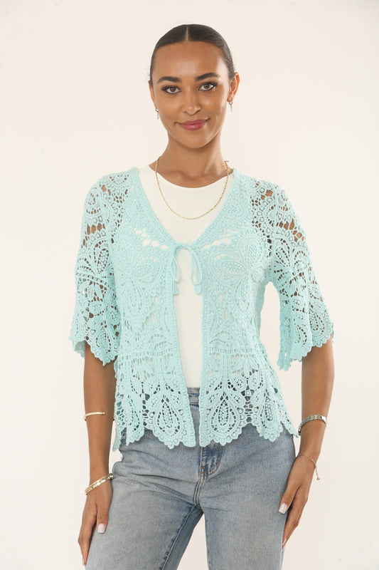 LEAF MOTIF CROCHET CARDIGAN TOP - MINT GREEN