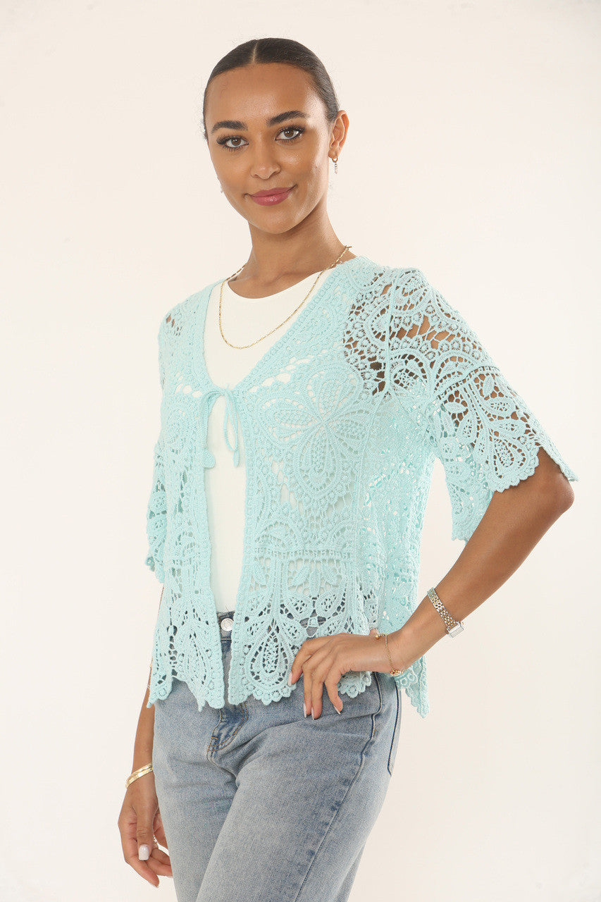 TOP MET BLAADJESMOTIEF EN GEHAAKTE CARDIGAN - MINTGROEN