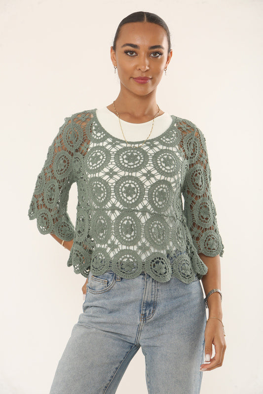 CIRCLE MOTIF CROCHET TOP - DUSTY SAGE GREEN