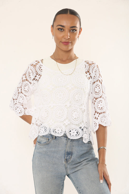 CIRCLE MOTIF CROCHET TOP -WHITE