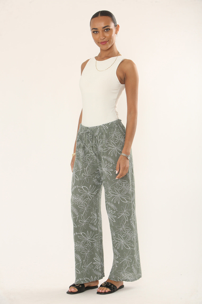 BOTANICAL FLORAL PRINT COTTON TROUSERS - KHAKI