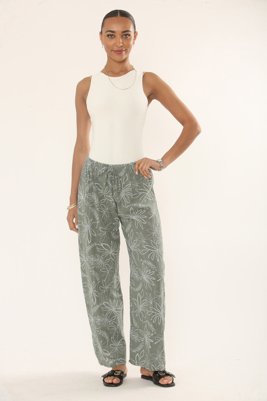 PANTALON VAN KATOEN MET BOTANISCHE BLOEMENPRINT - KHAKI