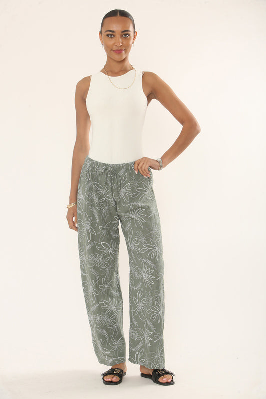 PANTALON VAN KATOEN MET BOTANISCHE BLOEMENPRINT - KHAKI