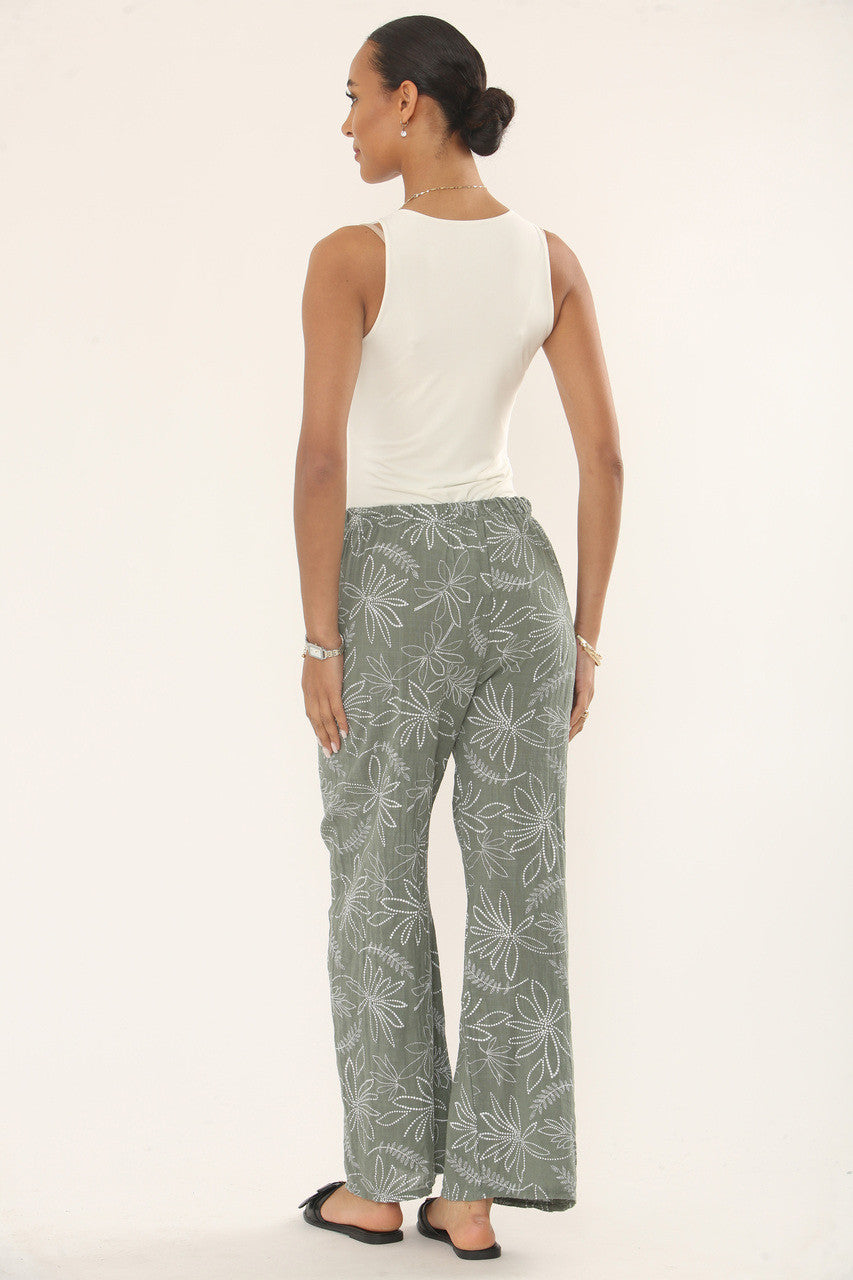 BOTANICAL FLORAL PRINT COTTON TROUSERS - KHAKI