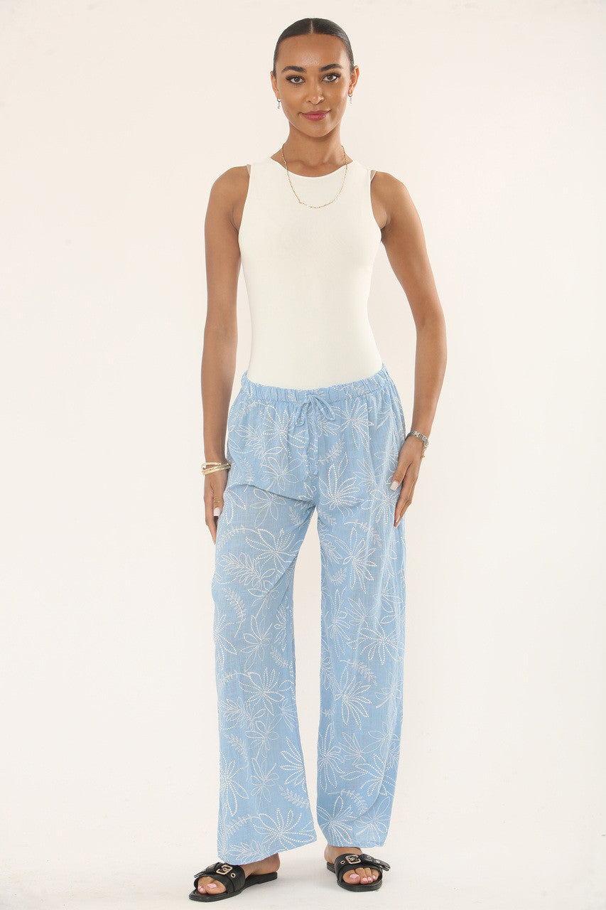 BOTANICAL FLORAL PRINT COTTON TROUSERS - LIGHT BLUE