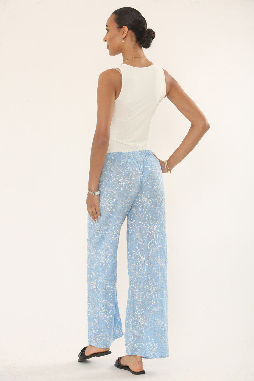 BOTANICAL FLORAL PRINT COTTON TROUSERS - LIGHT BLUE