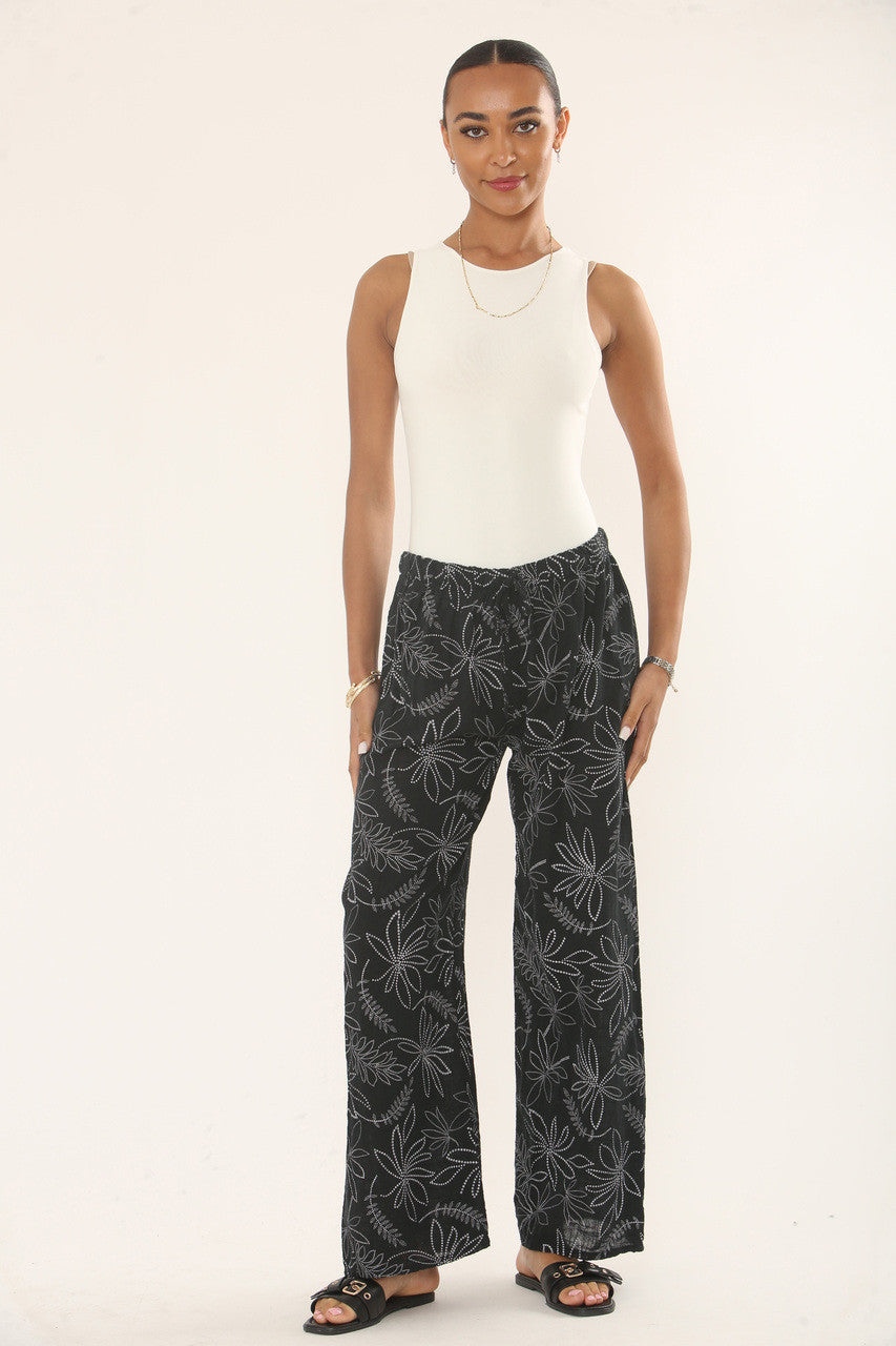 BOTANICAL FLORAL PRINT COTTON TROUSERS - BLACK