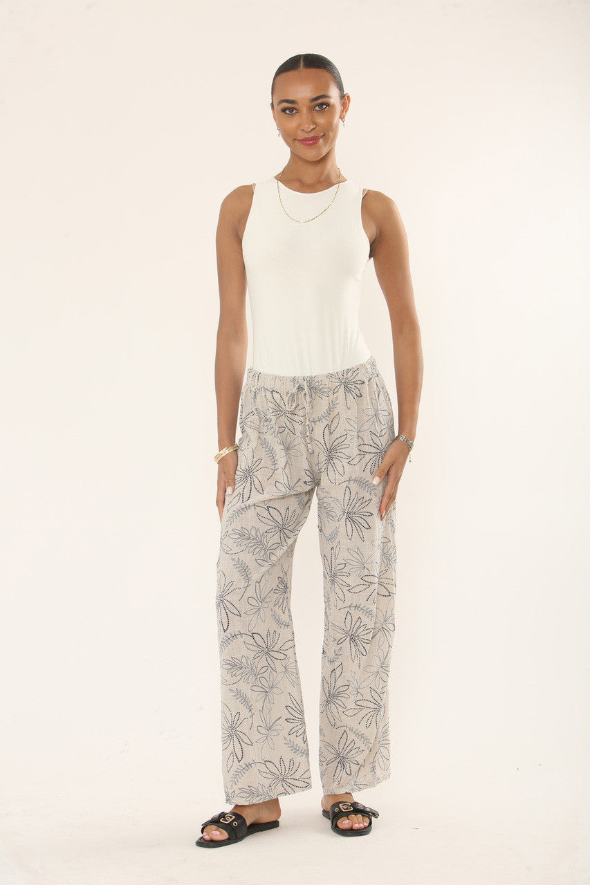 BOTANICAL FLORAL PRINT COTTON TROUSERS - STONE