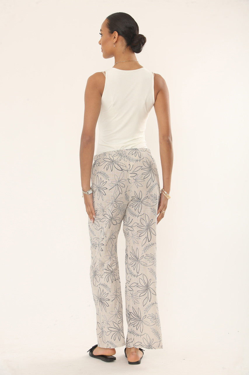BOTANICAL FLORAL PRINT COTTON TROUSERS - STONE